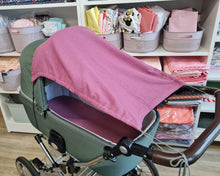Load image into Gallery viewer, Pram sunshade, solid muslin in a purple shade with gold dots