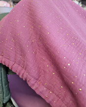 Load image into Gallery viewer, Pram sunshade, solid muslin in a purple shade with gold dots