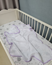 Load image into Gallery viewer, Thin muslin blanket in white color plain and with purple pom pom ball ribbon