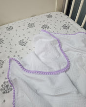 Load image into Gallery viewer, Thin muslin blanket in white color plain and with purple pom pom ball ribbon