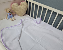 Load image into Gallery viewer, Thin muslin blanket in white color plain and with purple pom pom ball ribbon