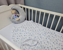 Load image into Gallery viewer, Thin muslin blanket in white with blue dots and white pom pom ribbon