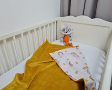 Load image into Gallery viewer, Minky blanket in yellow smooth fabric with horses and stars on a white background