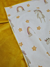 Load image into Gallery viewer, Minky blanket in yellow smooth fabric with horses and stars on a white background