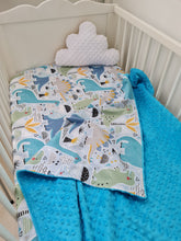 Load image into Gallery viewer, Minky blanket in blue with large colorful dinosaurs