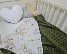Load image into Gallery viewer, Minky blanket in green with dragonflies and cotton flowers