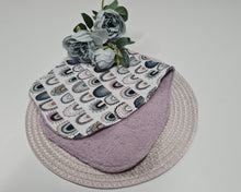 Load image into Gallery viewer, Baby Towel Drip Catcher, Muslin Fabric with Rainbows and Purple Terry Cloth
