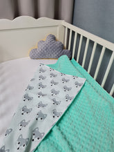 Load image into Gallery viewer, Minky blanket in mint tone with gray stripes