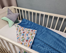 Load image into Gallery viewer, Minky blanket blue with cars and tractors on a white background