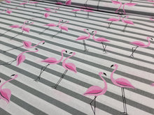 Load image into Gallery viewer, 100% kokvilnas audums rozā flamingo uz balta fona ar pelēkām svītrām