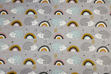 Load image into Gallery viewer, 100% cotton fabric - hedgehogs and rainbows on a gray background, 3.90 EUR/m