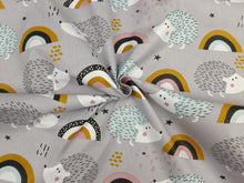 Load image into Gallery viewer, 100% cotton fabric - hedgehogs and rainbows on a gray background, 3.90 EUR/m