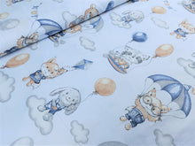 Load image into Gallery viewer, 100% cotton fabric - forest animals with balloons on a light blue background, 3.90 EUR/m