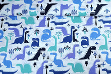 Load image into Gallery viewer, 100% cotton fabric - blue, purple, green dinosaurs, 3.90 EUR/m