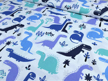 Load image into Gallery viewer, 100% cotton fabric - blue, purple, green dinosaurs, 3.90 EUR/m