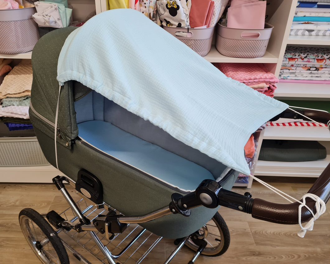 Pram sunshade, plain muslin in light blue 