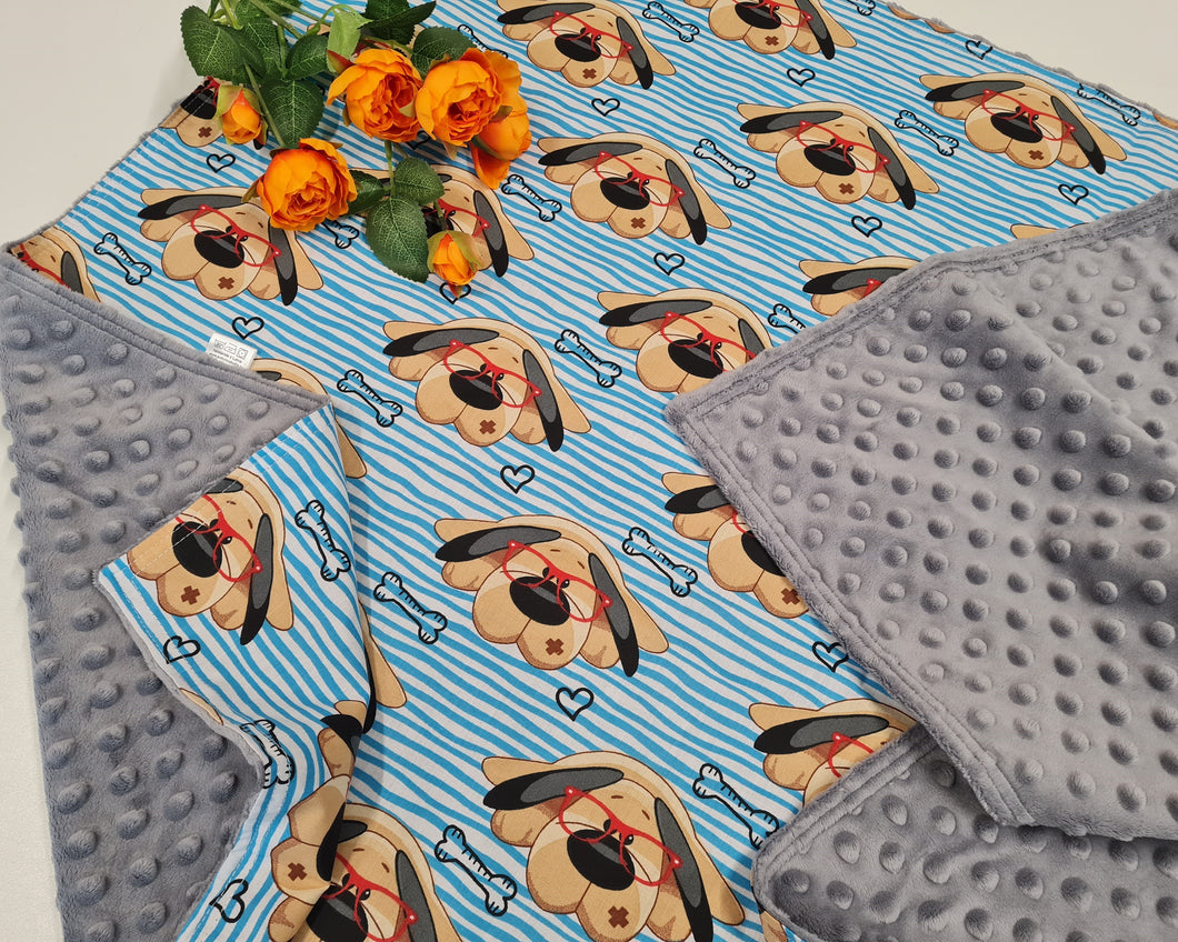 Minky blanket gray with cute dogs on a blue striped background