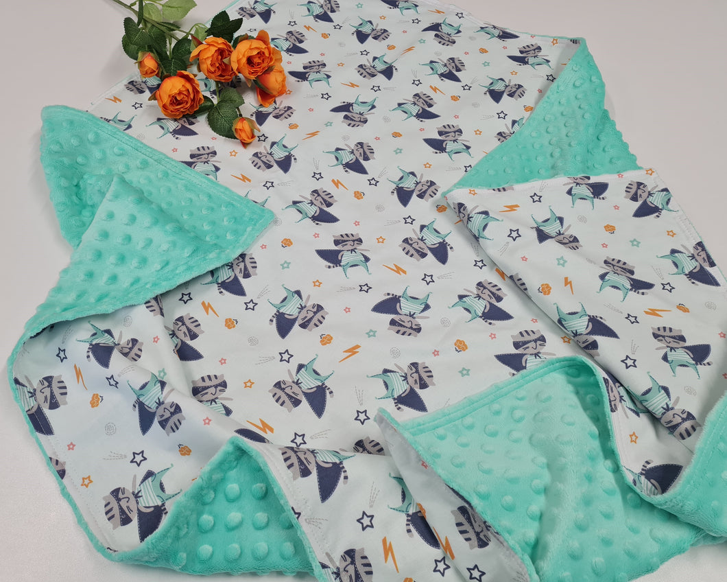 Minky blanket in mint tone with super cats