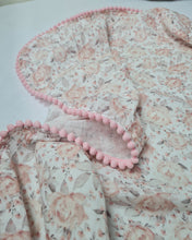 Load image into Gallery viewer, Thin muslin blanket in beige pink with rose flowers and pink pom pom ball ribbon
