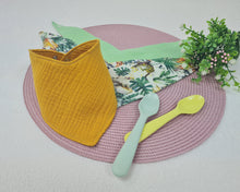 Load image into Gallery viewer, Lace - bib set 3 pcs., muslin plain green, yellow, with safari motif
