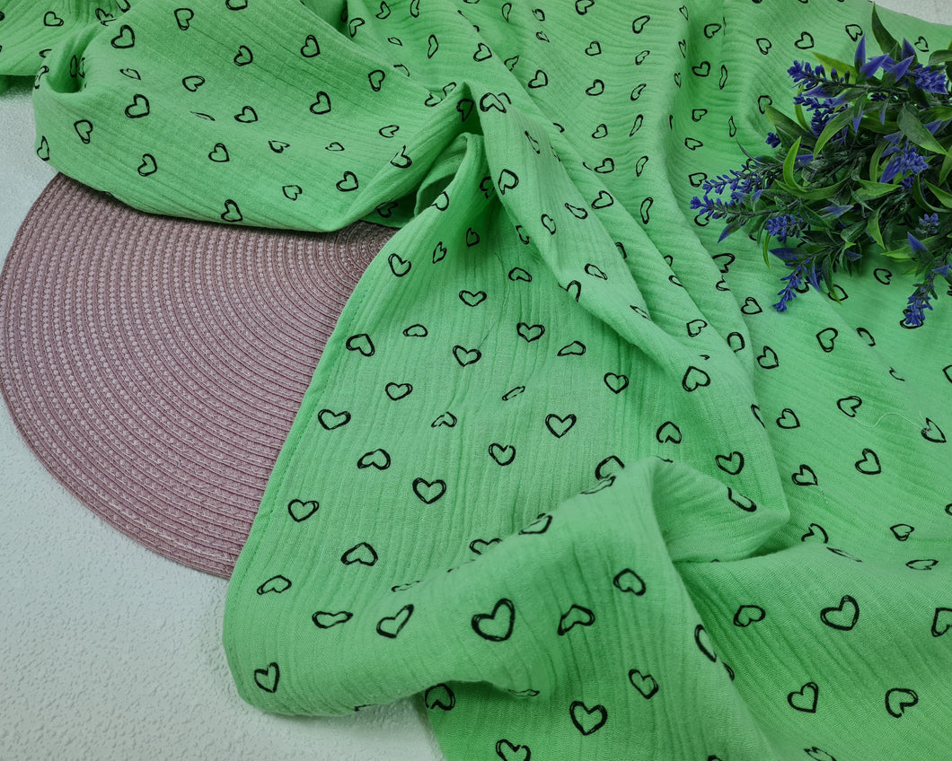 Muslin diaper green with hearts, two sizes