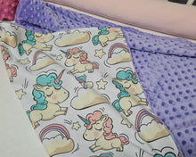 Load image into Gallery viewer, Minky blanket in purple with unicorn horses on a white background
