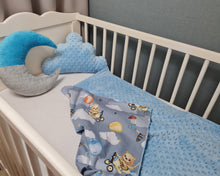 Load image into Gallery viewer, Minky blanket blue with bears on a gray-blue background
