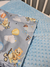 Load image into Gallery viewer, Minky blanket blue with bears on a gray-blue background
