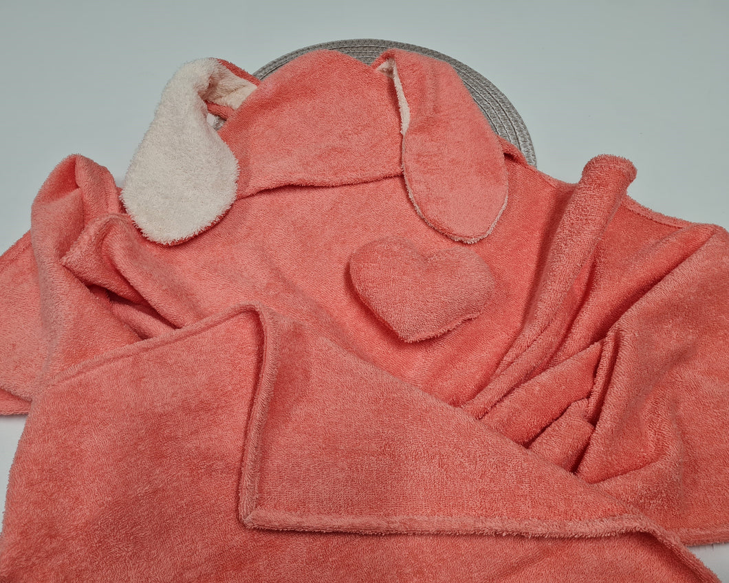 Children's towel with sewn-in hood, orange bunny, possibility to personalize with embroidered name