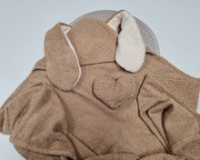 Load image into Gallery viewer, Children&#39;s towel with sewn-in hood part, bunny in light brown tone, possibility to personalize with embroidered name
