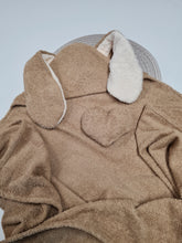 Load image into Gallery viewer, Children&#39;s towel with sewn-in hood part, bunny in light brown tone, possibility to personalize with embroidered name
