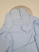 Load image into Gallery viewer, Children&#39;s towel with sewn-in hood, light blue bunny, possibility to personalize with an embroidered name.
