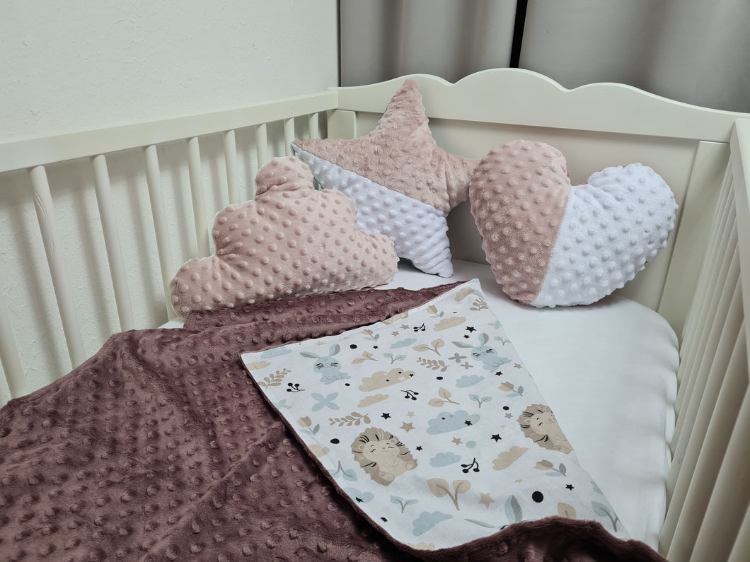 Christmas gift set in a brown minky blanket with hedgehog bunnies and 3 pillows