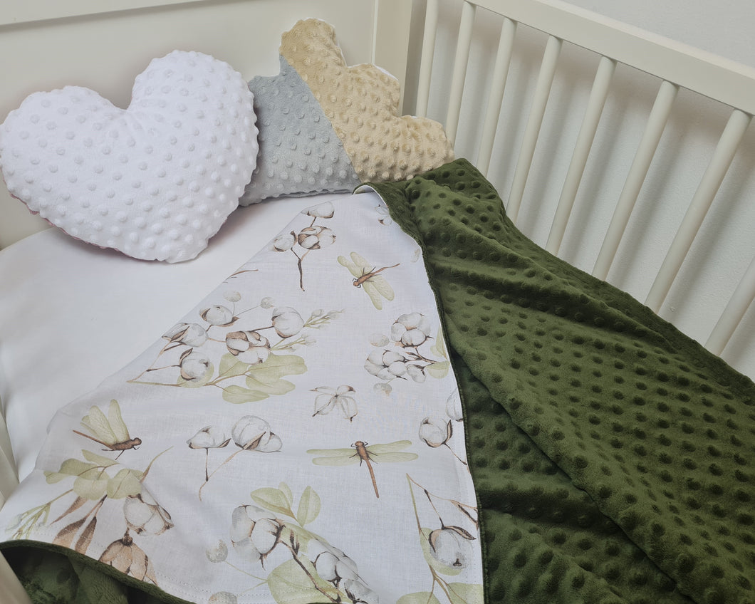 Minky blanket in green with dragonflies and cotton flowers