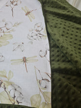 Load image into Gallery viewer, Minky blanket in green with dragonflies and cotton flowers
