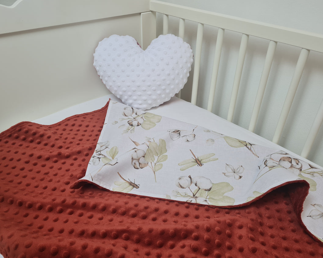 Minky blanket carmine red with dragonflies and cotton flowers