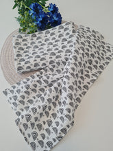 Load image into Gallery viewer, Blue muslin diaper with black triangles available in two sizes
