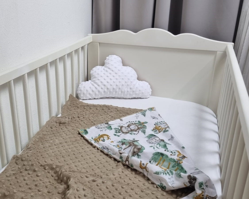 Minky blanket in beige with forest animals on a white background