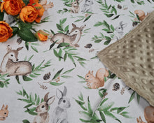 Load image into Gallery viewer, Minky blanket beige with forest animals
