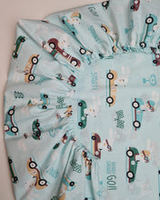 Load image into Gallery viewer, 100% cotton fitted sheet with mint base with bunnies and cars, various sizes
