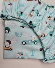 Load image into Gallery viewer, 100% cotton fitted sheet with mint base with bunnies and cars, various sizes
