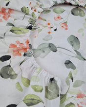 Load image into Gallery viewer, Cotton and rubber pram cover with green leaves and orange flowers
