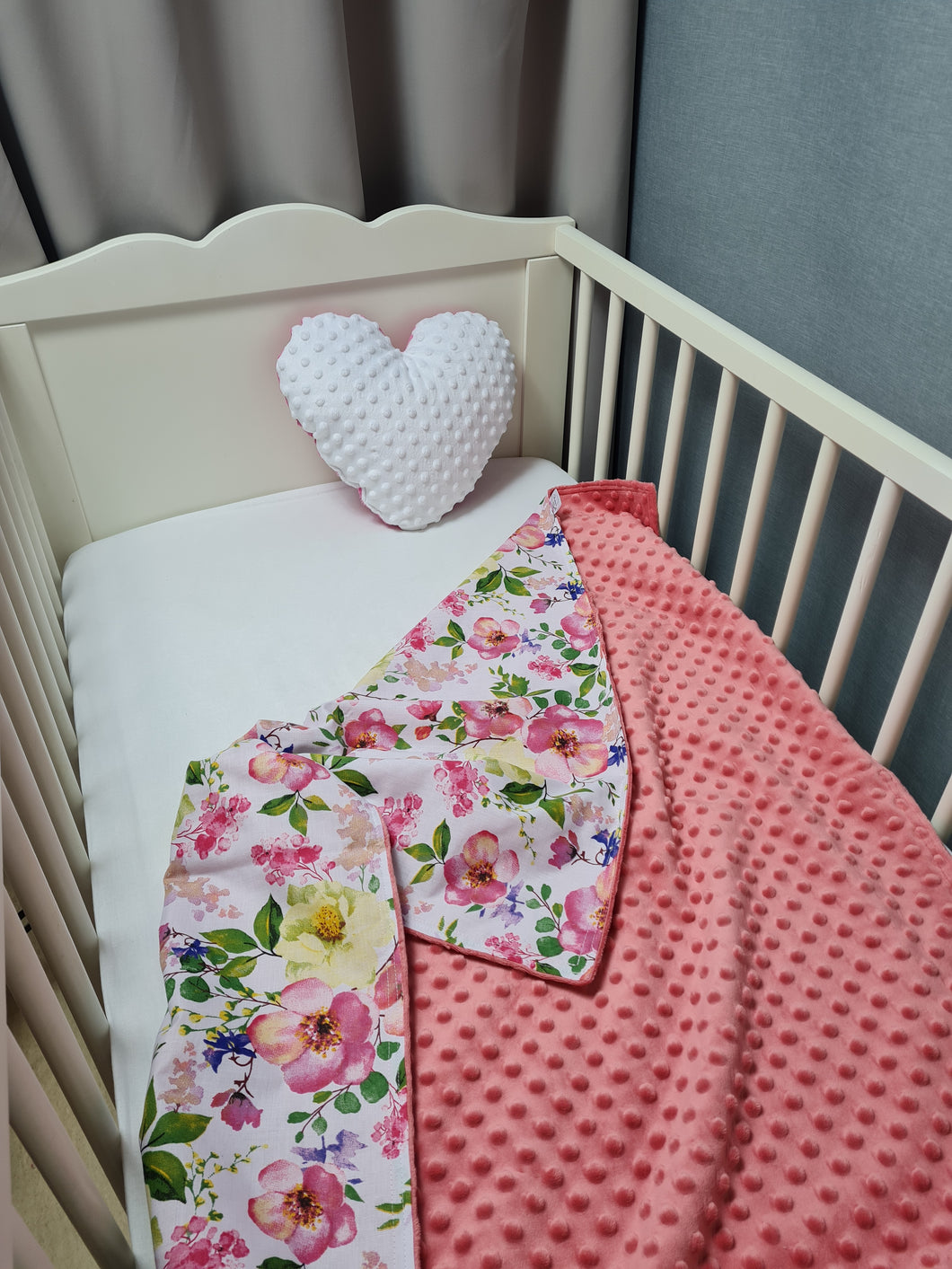 Minky blanket, pink with apple blossom flowers on a white background