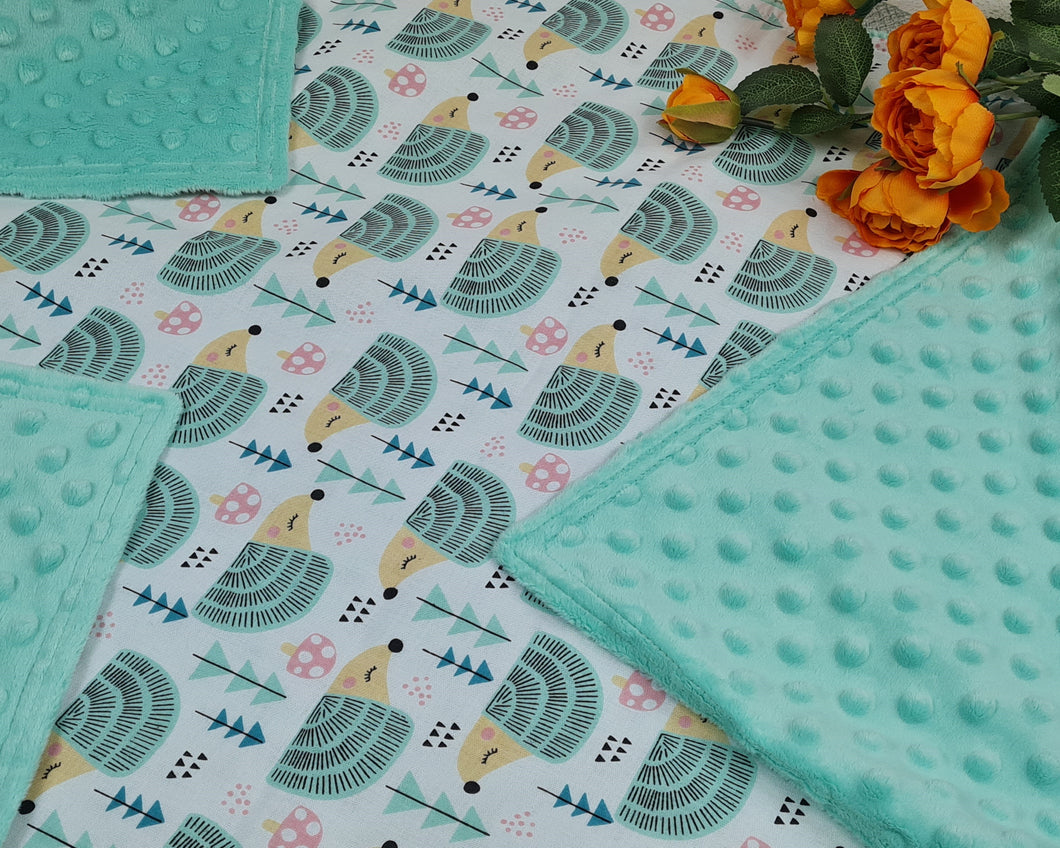 Minky blanket in mint tone with hedgehogs