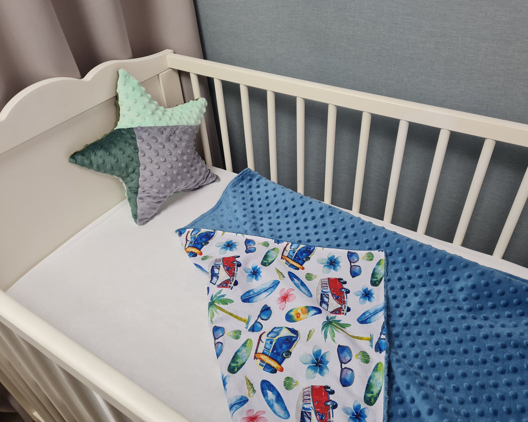 Minky blanket, blue with buses on a white background