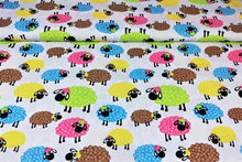 Load image into Gallery viewer, 100% cotton fabric - colorful sheep on a white background, 3.90 EUR/m
