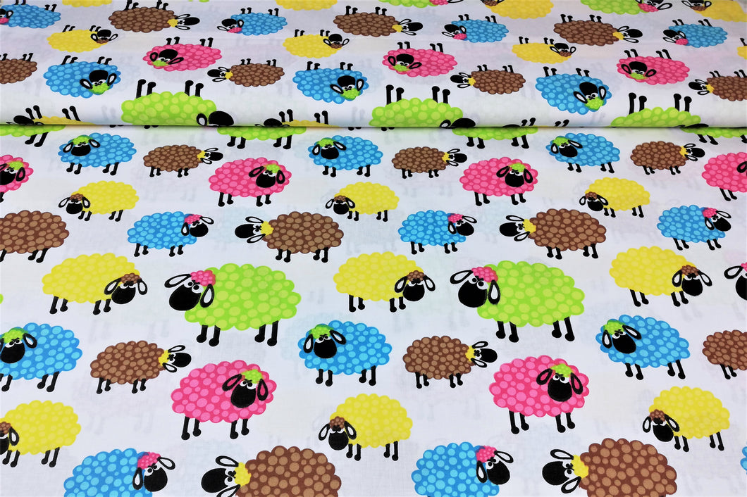 100% cotton fabric - colorful sheep on a white background, 3.90 EUR/m