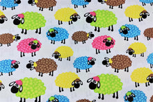 Load image into Gallery viewer, 100% cotton fabric - colorful sheep on a white background, 3.90 EUR/m
