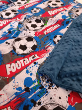 Load image into Gallery viewer, Minky blanket blue with football pattern
