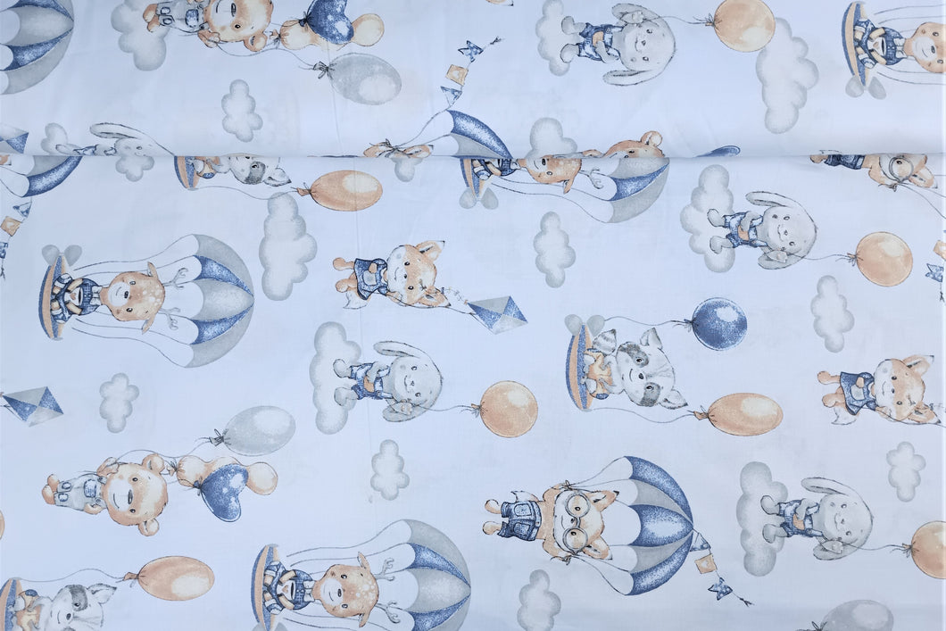 100% cotton fabric - forest animals with balloons on a light blue background, 3.90 EUR/m